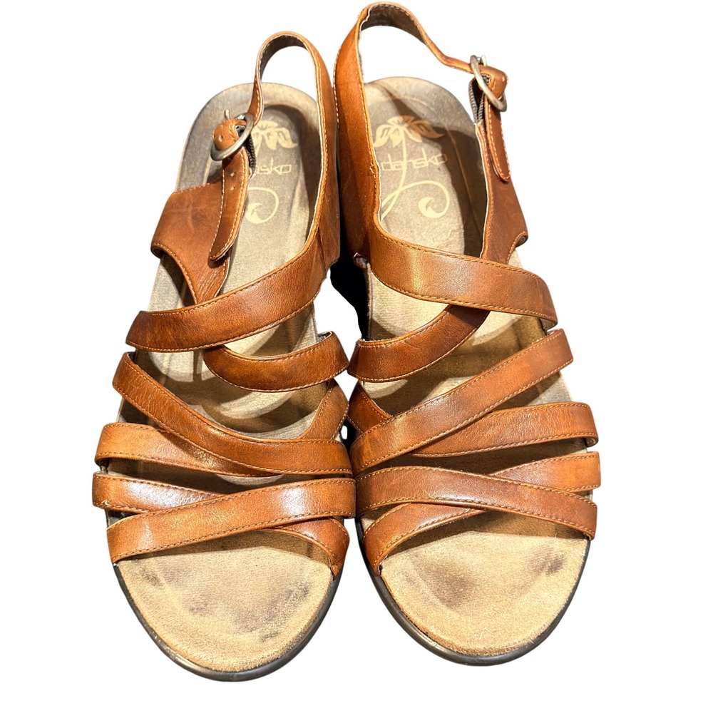 Dansko Strappy Sandals Womens 41 Brown Leather Wedge Slingback Comfort Boho 0508